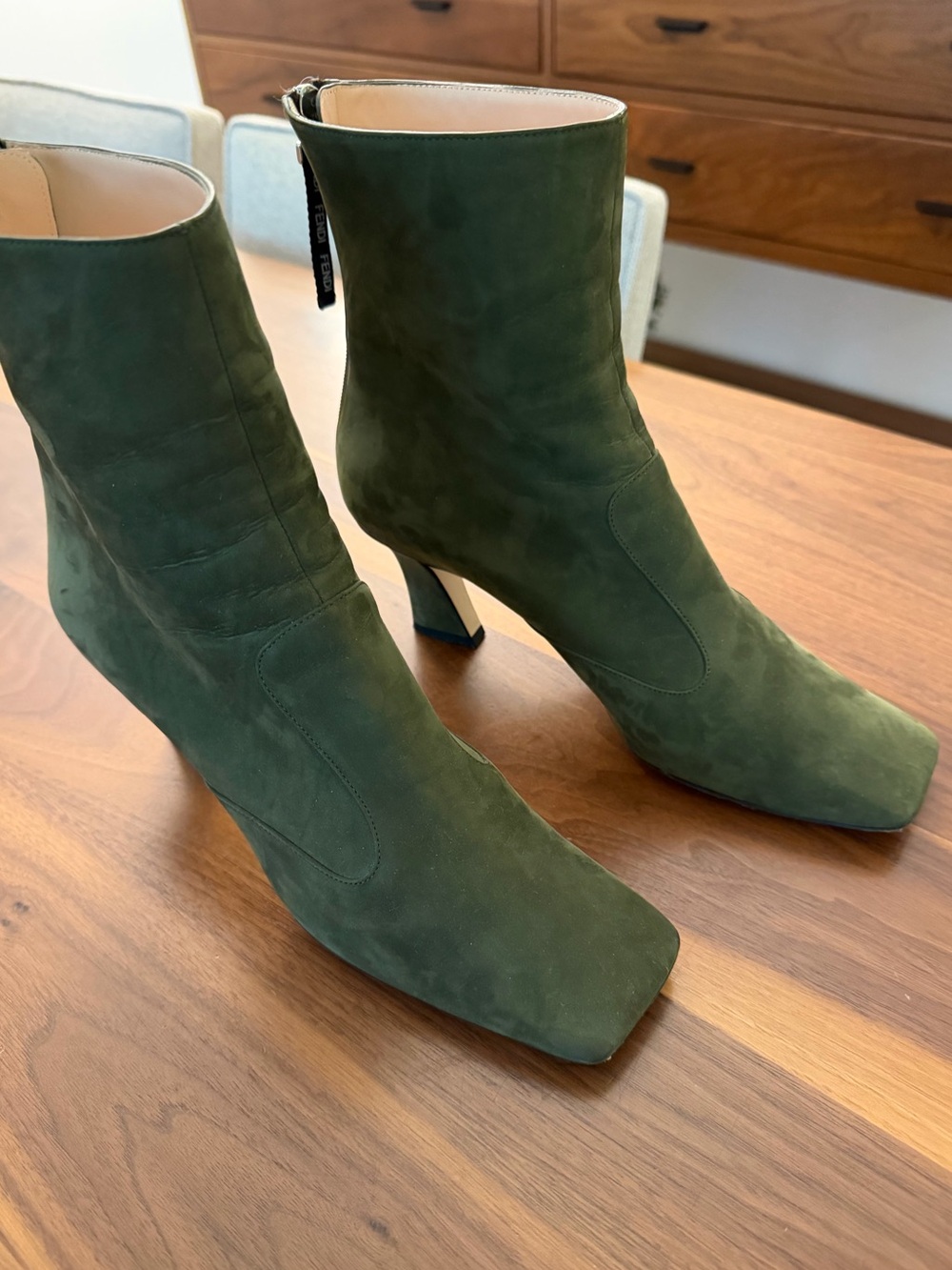 Fendi Olive Green Suede Mid-Heel Ankle Boots